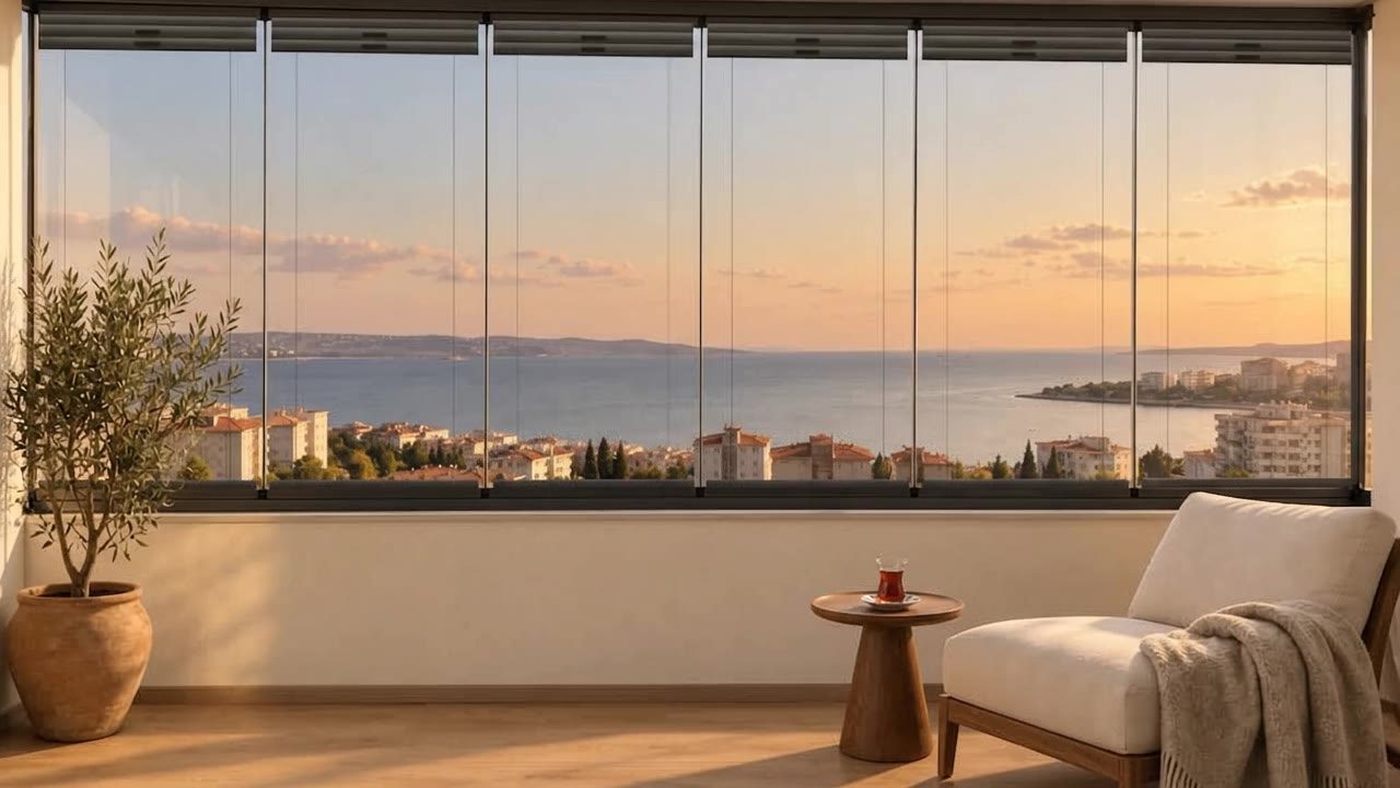 Gün batımında deniz manzaralı cam balkon ve plise perdeler